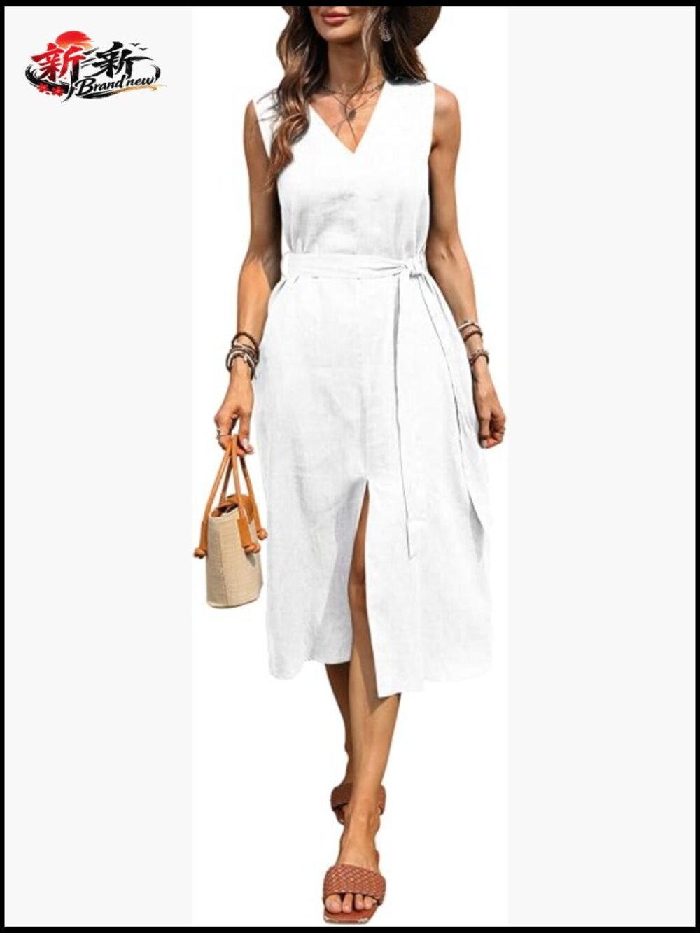 100% Linen Sleeveless Midi Dress V Neck Casual Summer